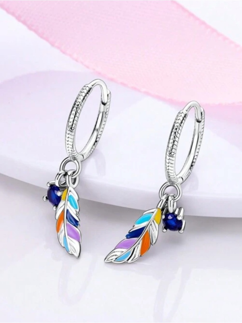 Sterling Silver Multi-Color Feather Drop Hoop Earrings
